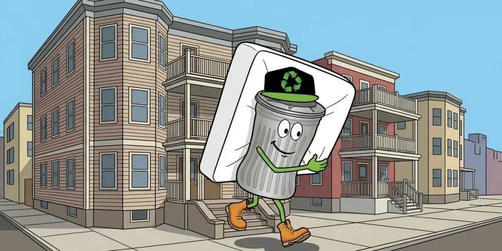 Cartoon of Willy carrying a mattress down the steps of a Boston triple-decker