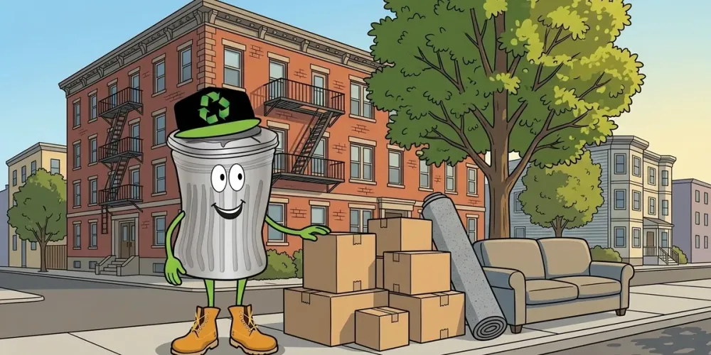 Cartoon of Willy with moving boxes, a rug and a sofa on a Cambridge sidewalk