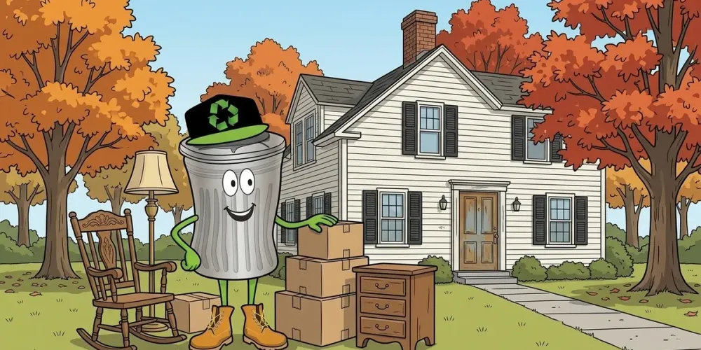 Cartoon of Willy outside a New England colonial with boxes and furniture from a house clearance