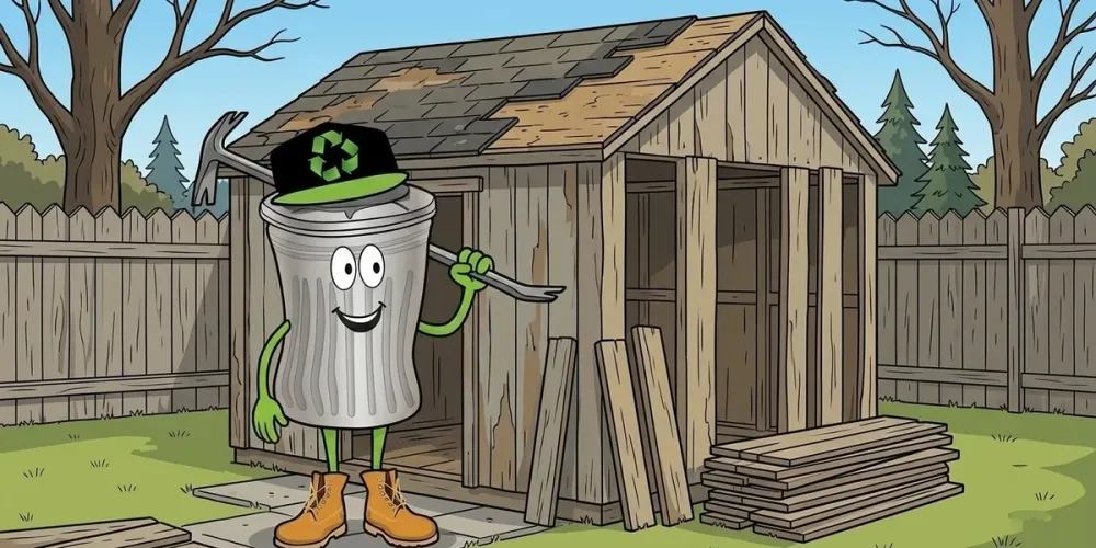 Cartoon of Willy taking apart an old wooden garden shed