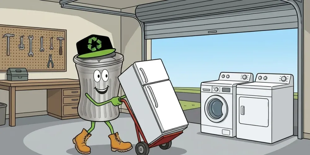 Cartoon of Willy wheeling a refrigerator out of a garage on a hand truck