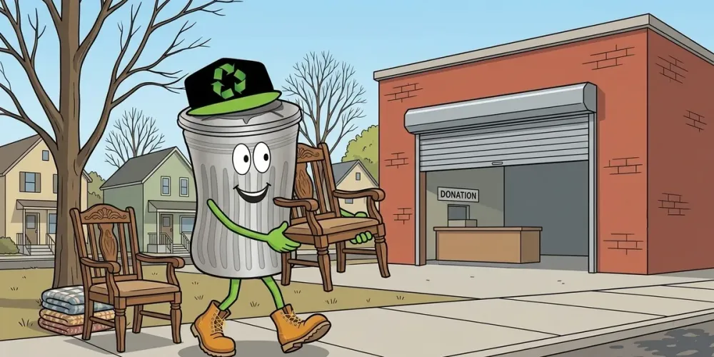 Cartoon of Willy carrying an armchair to a donation drop-off