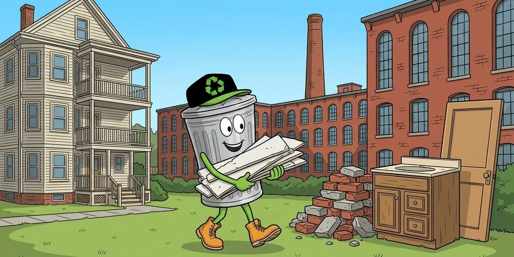 Cartoon trash can mascot carrying drywall scraps across a side yard toward broken brick and concrete chunks, an old vanity and a door, with a triple-decker and brick mills behind