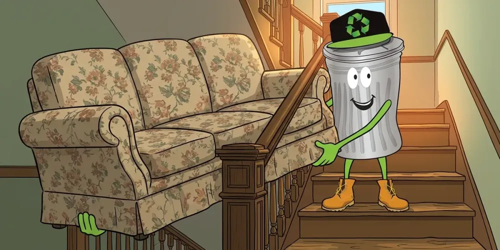 Cartoon of Willy easing a sofa down a narrow triple-decker staircase