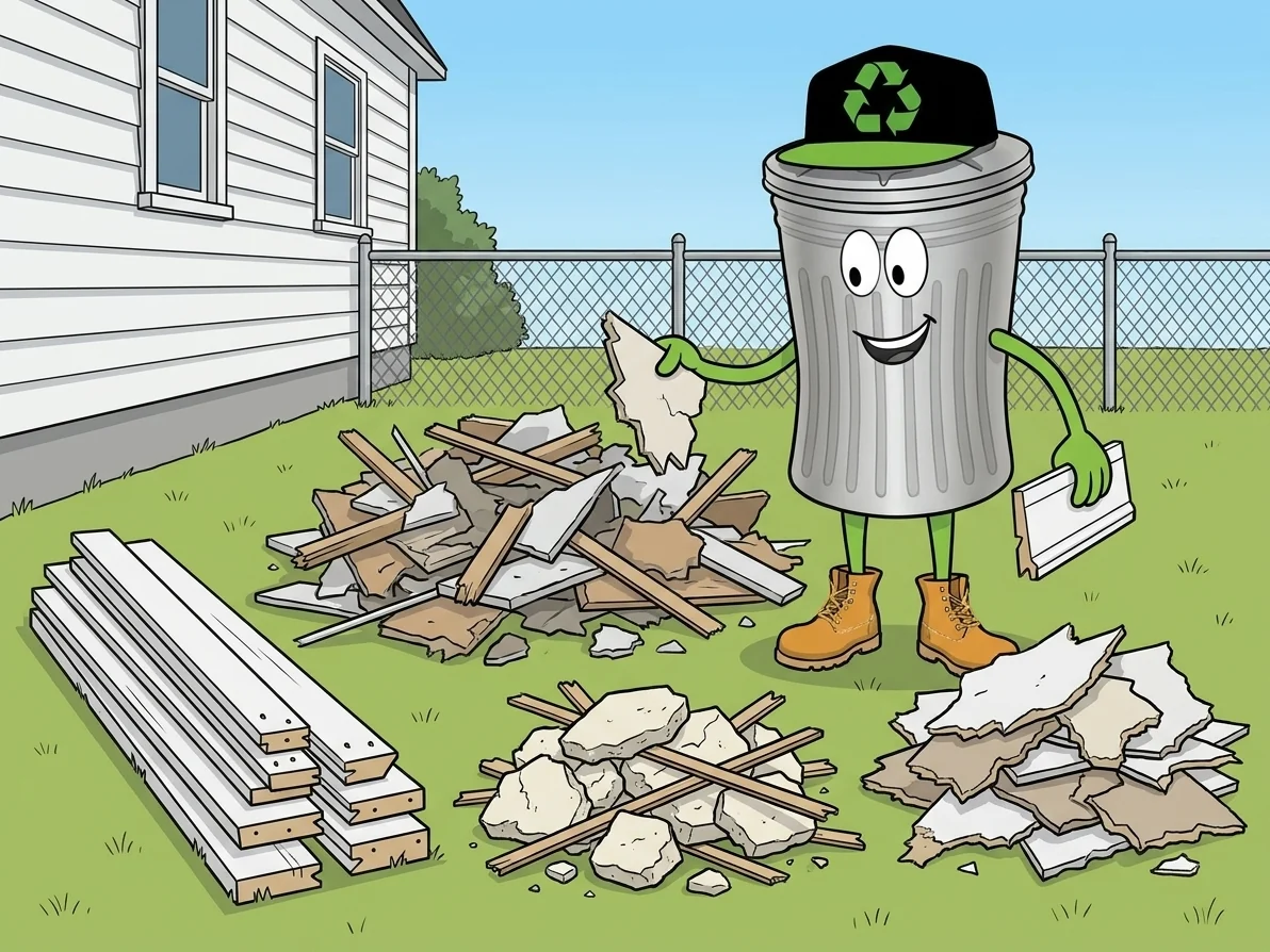 Cartoon trash can mascot sorting a mixed renovation pile in a fenced back yard into separate piles of painted wood trim, broken plaster with lath strips and jagged drywall scraps