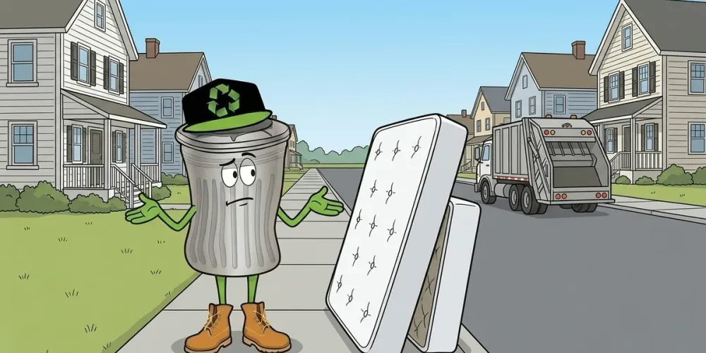 Cartoon of Willy shrugging at a mattress left at the curb as the trash truck drives off