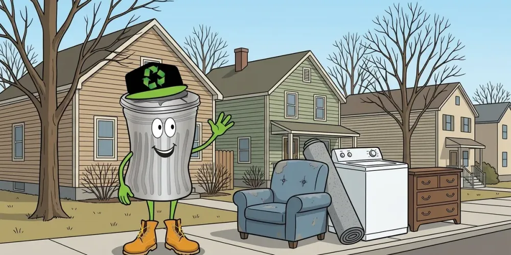 Cartoon of Willy beside a curbside pile of bulky household items on a New Hampshire street
