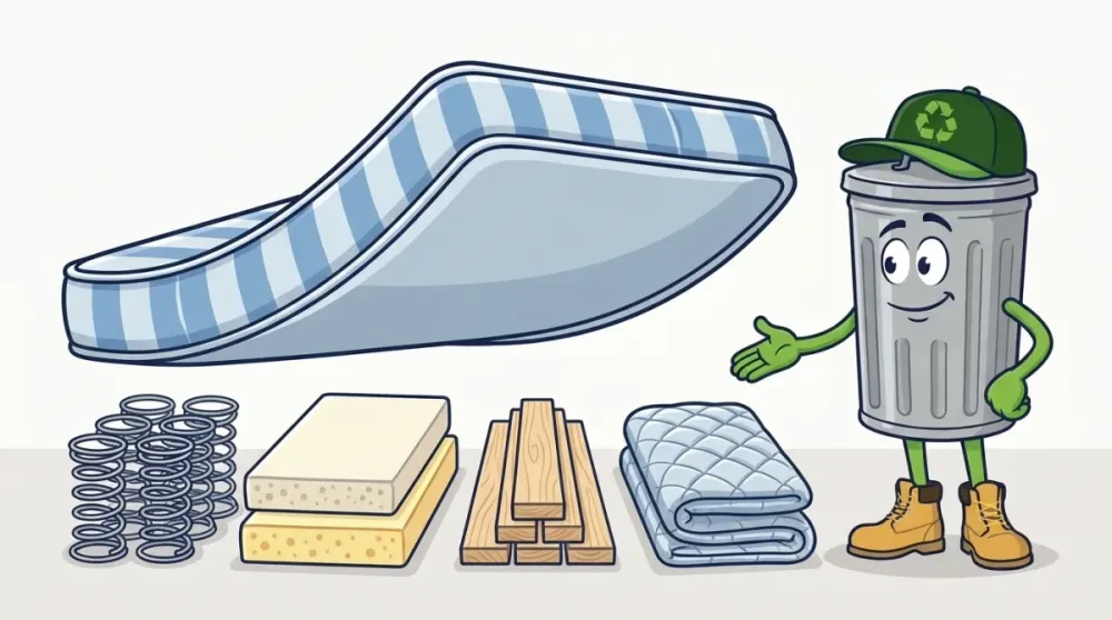 Cartoon of a mattress separated into four piles: coiled steel springs, foam slabs, timber frame slats and folded quilted fabric