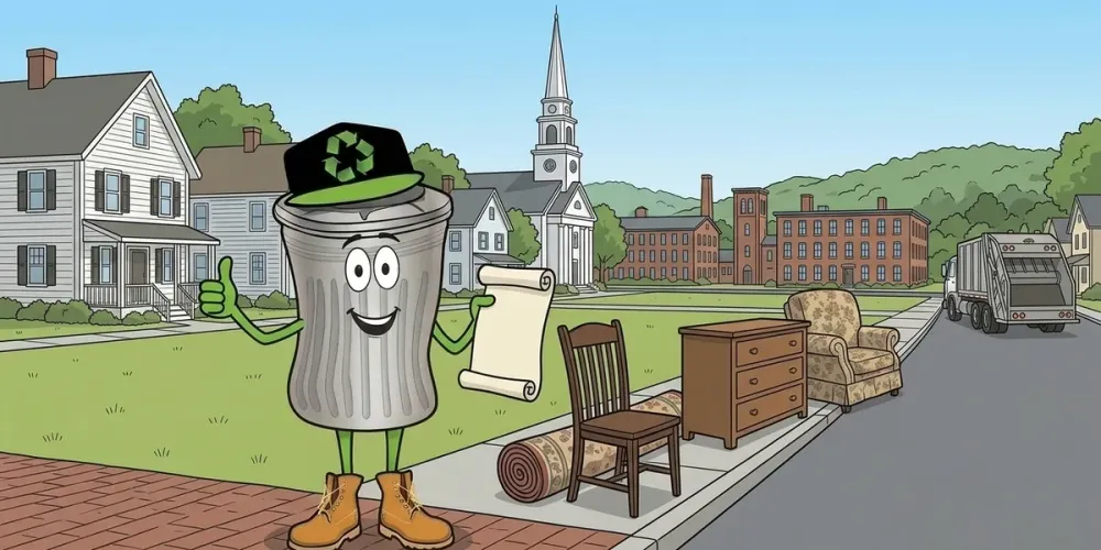 Cartoon of Willy with a checklist beside bulky items on a New England town green