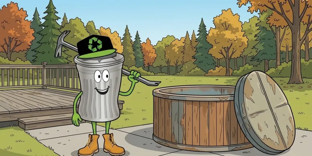 Cartoon of Willy with a pry bar beside an old wooden hot tub in a back yard