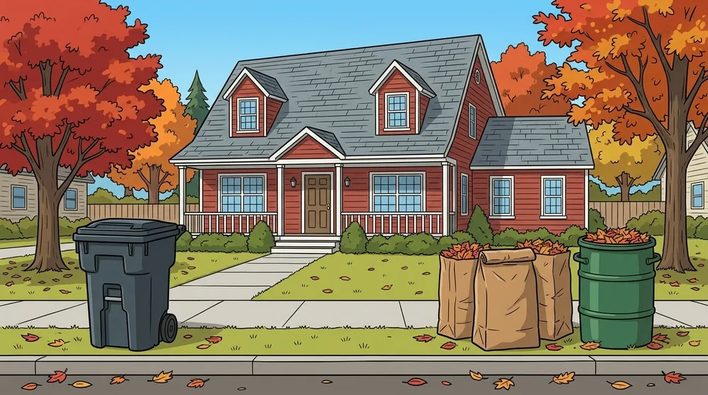 A dark gray wheeled trash cart with its lid closed sits at the curb, and farther along the curb, with open space between them, stand three brown paper bags of leaves and a green barrel full of leaves, in front of a red house and fall maple trees.