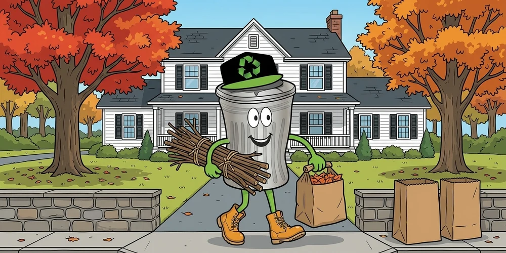 A cartoon trash can mascot in a black cap and tan work boots walks down a driveway carrying a tied bundle of branches under one arm and a brown paper bag of leaves in the other hand, past a white colonial house and red and orange maple trees, with two more paper bags standing at the curb.
