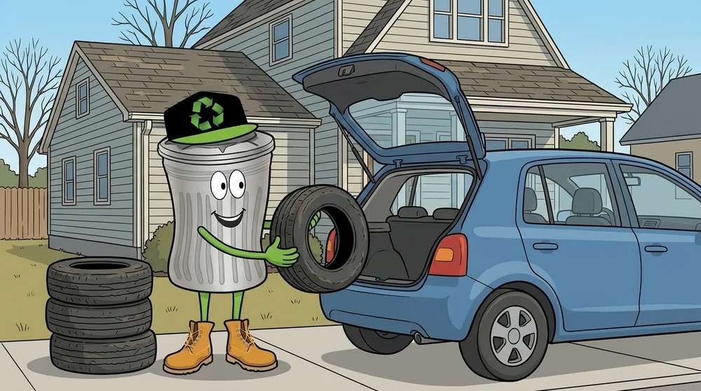 Cartoon trash can holds a worn tire by the open hatch of a blue hatchback, with three more tires stacked in the driveway