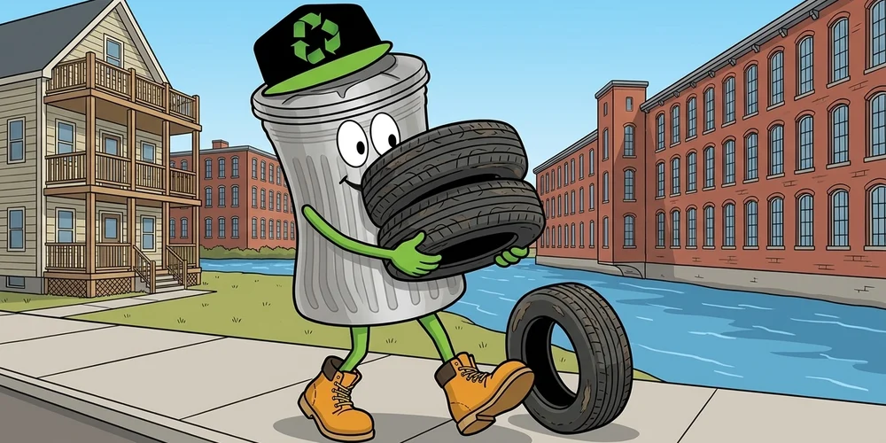 Cartoon trash can carries two worn car tires along a riverside sidewalk past brick mills, with another tire by its boot