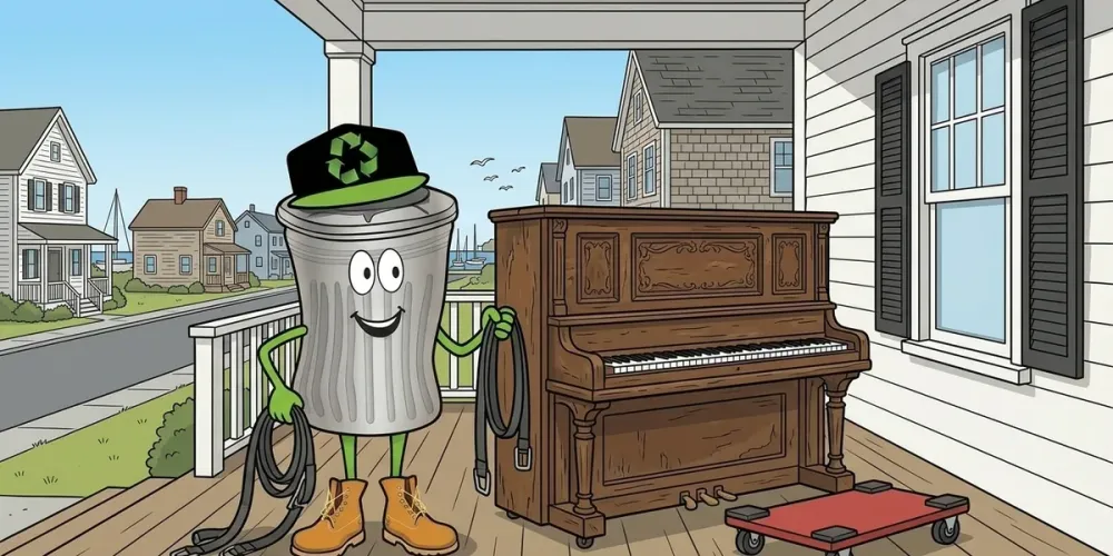 Cartoon of Willy beside an upright piano on a seacoast porch
