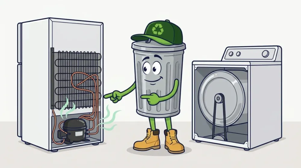 Cartoon comparison of a refrigerator seen from behind with copper refrigerant coils and a compressor exposed, next to a washing machine with a plain empty drum