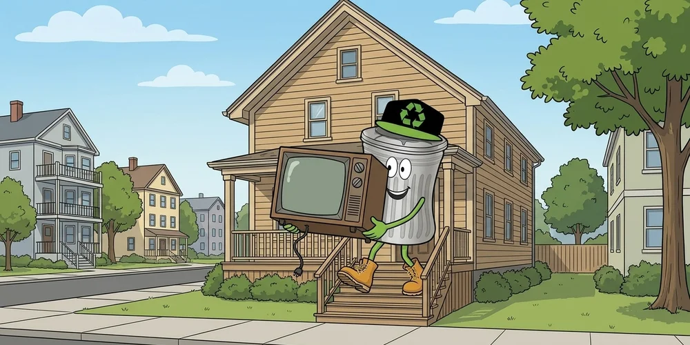 A cartoon trash-can mascot in a black cap and tan work boots carries an old brown tube TV down the front steps of a tan wood-frame house on a residential street, its power cord dangling from underneath.