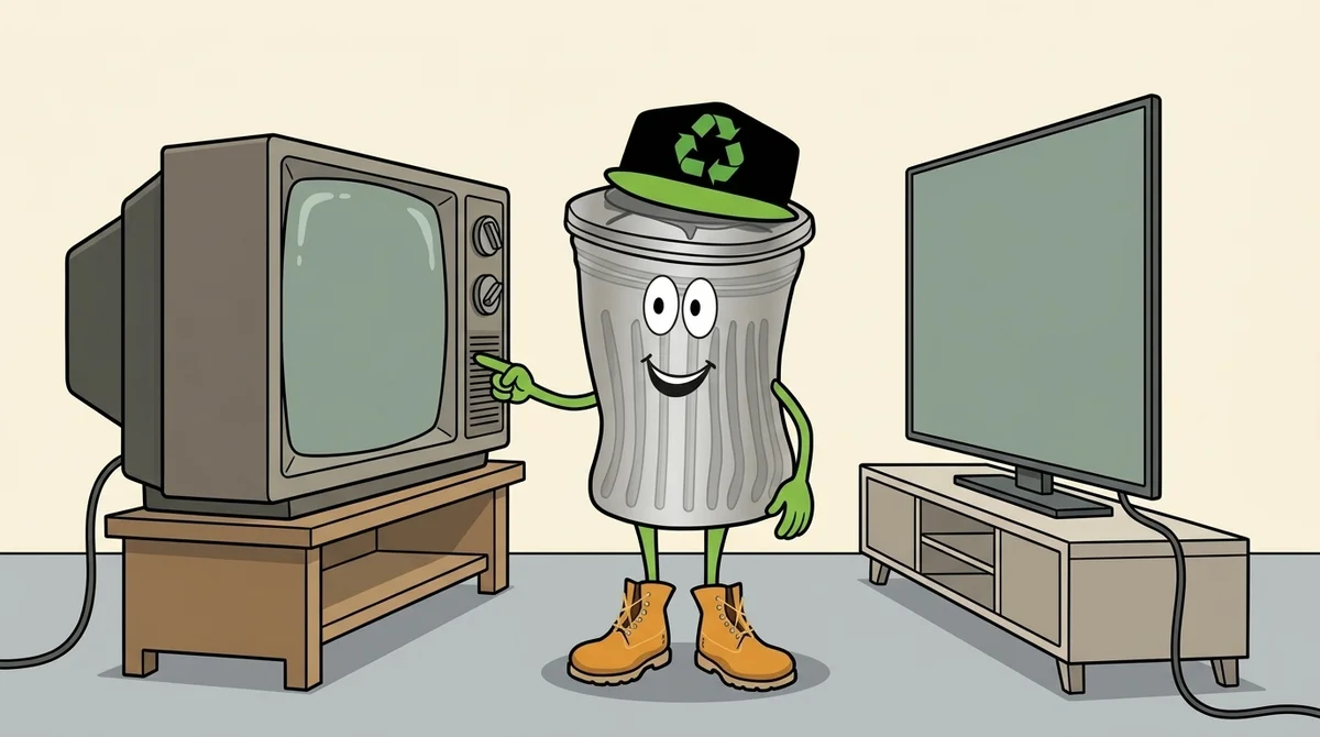 A cartoon trash-can mascot points at a deep, boxy tube TV on a wooden stand, with a thin flat-screen TV on a low media console on the other side of the room.
