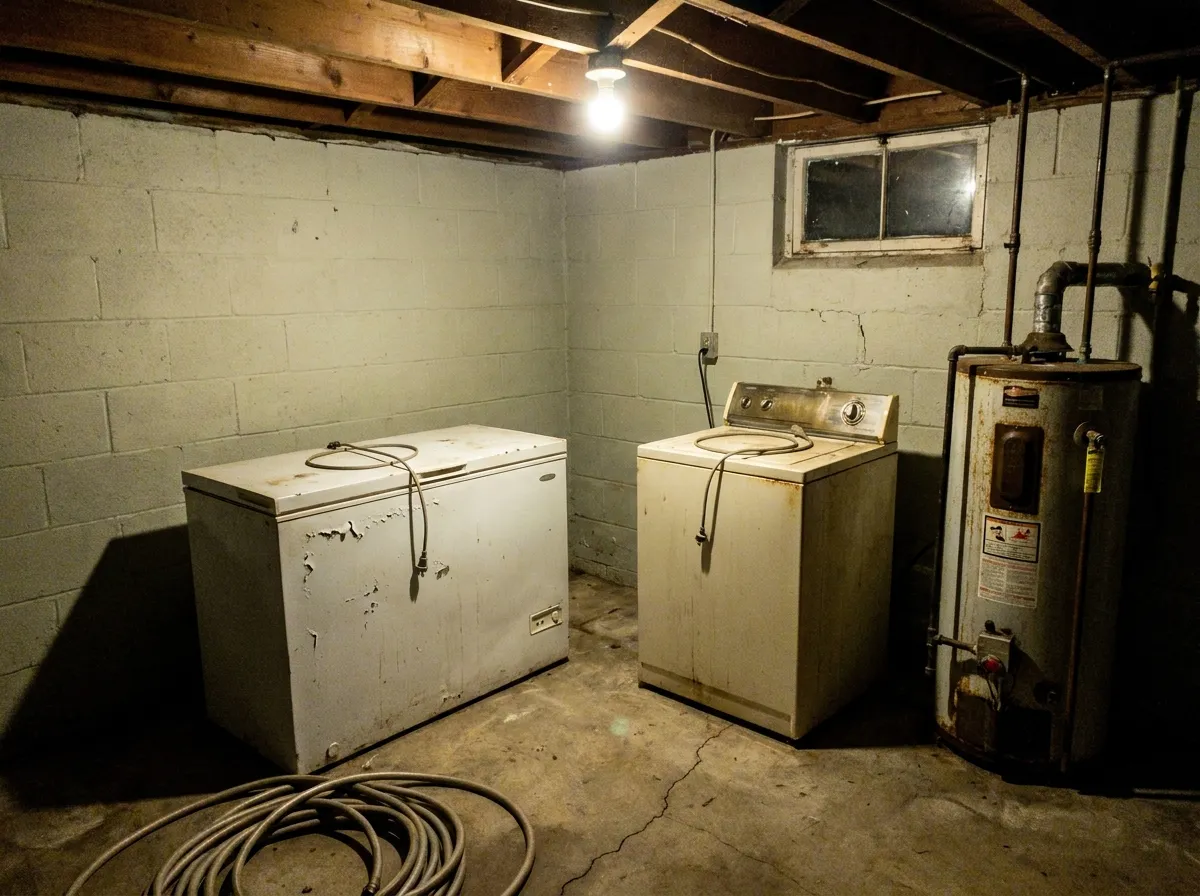An old chest freezer, washing machine and water heater in a cellar before removal