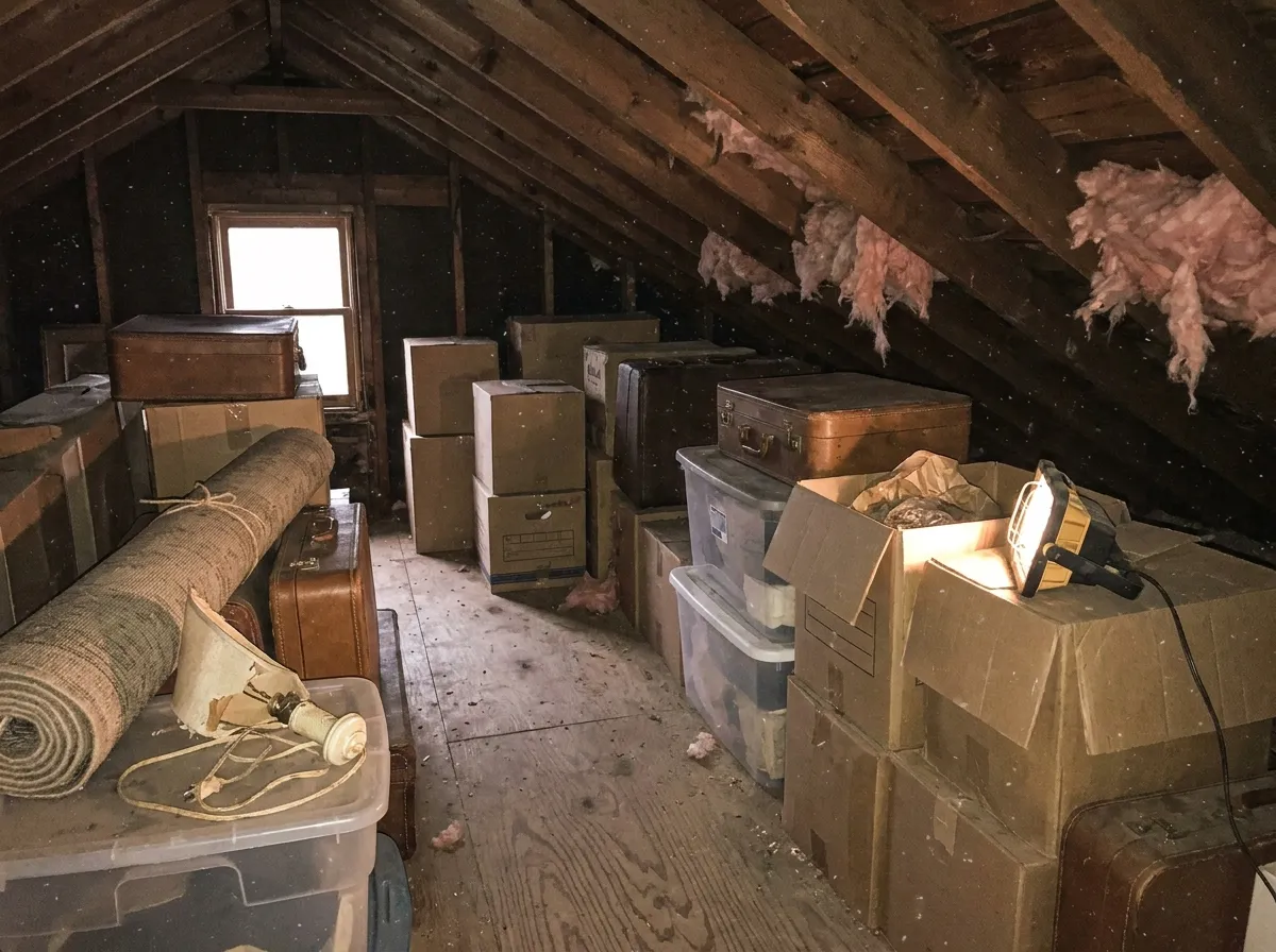 A cluttered attic packed with boxes, suitcases and totes before a cleanout