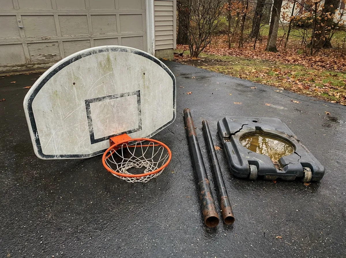A basketball hoop taken down on a driveway: backboard, rim and the pole in sections