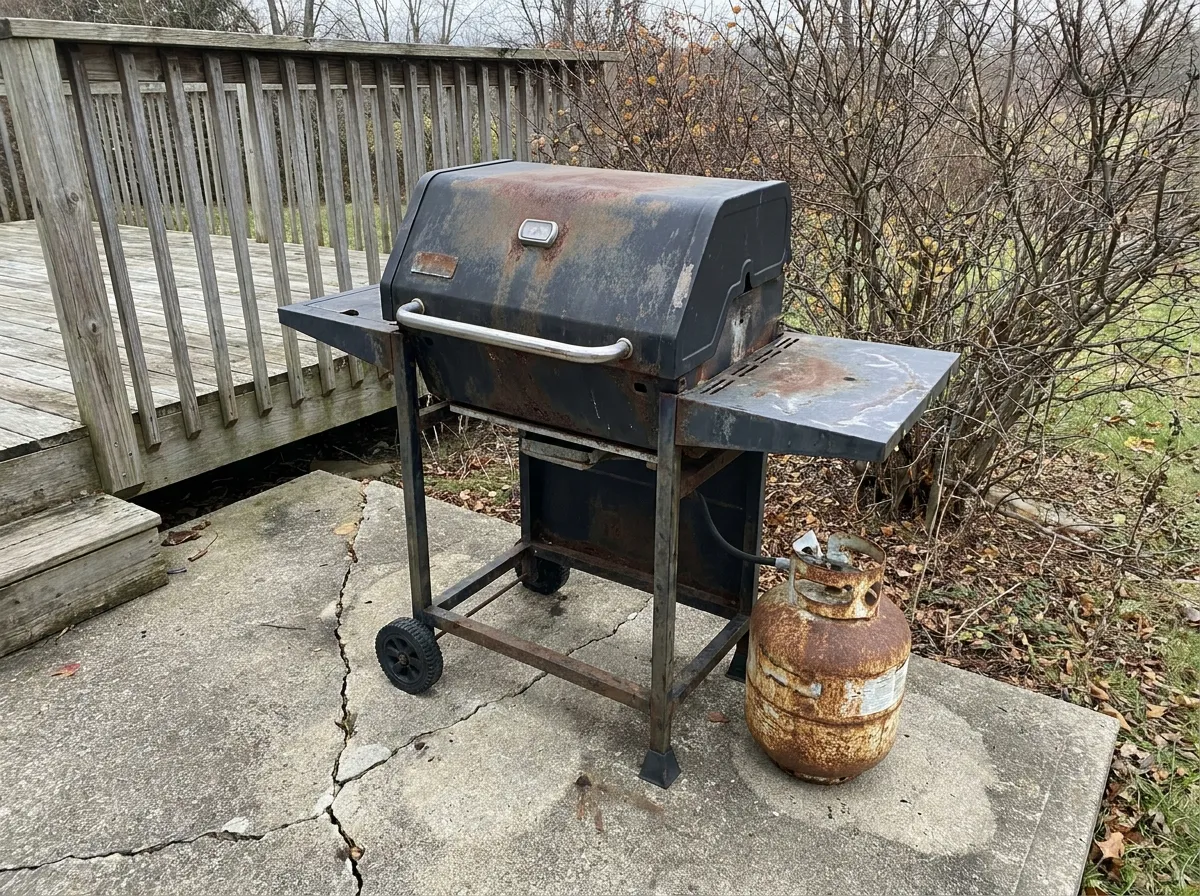 A rusted propane barbecue grill on a back patio with its tank disconnected beside it