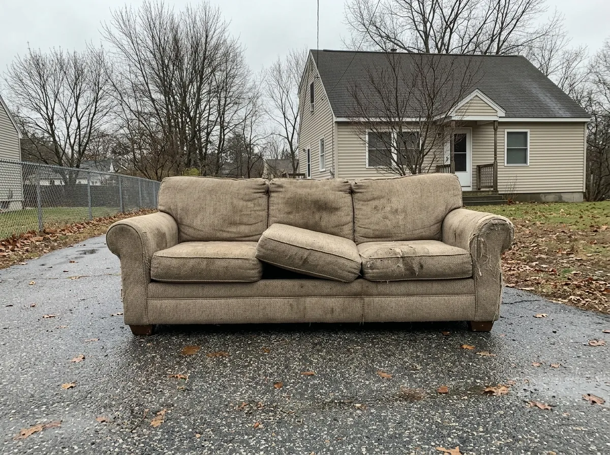 A worn three-seat sofa set out on a driveway for removal