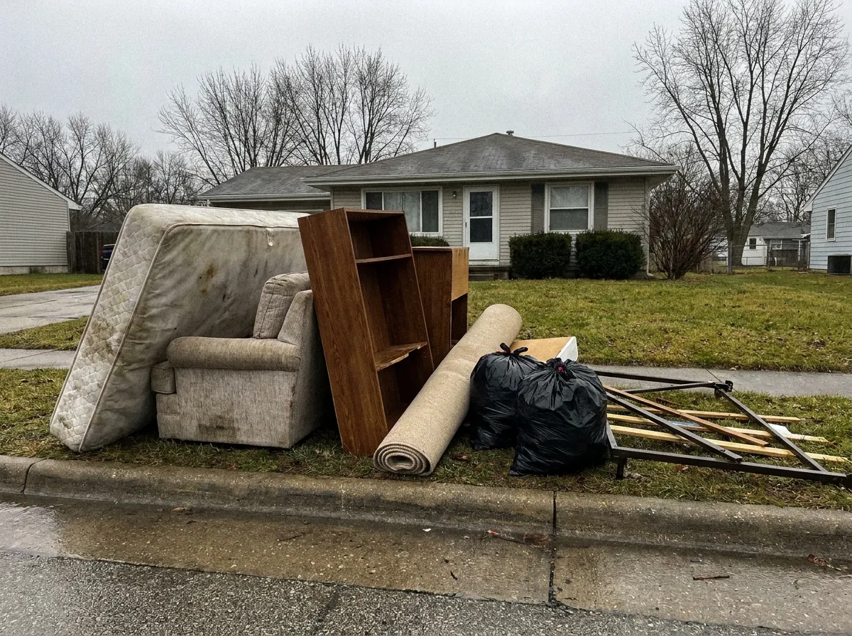 A mattress, armchair, bookcase and rolled carpet set out at the curb
