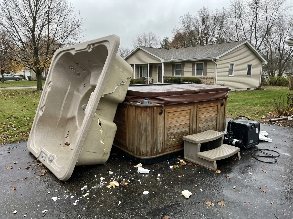 A dismantled hot tub on a driveway: the cut shell, the cabinet panels, the cover, the steps and the pump