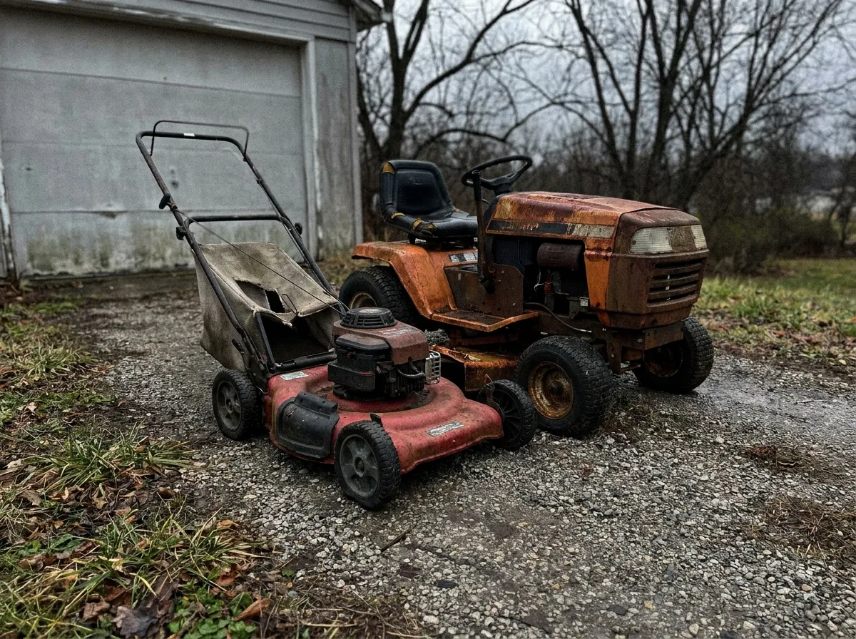 An old push mower and a rusted riding lawn tractor on a gravel driveway
