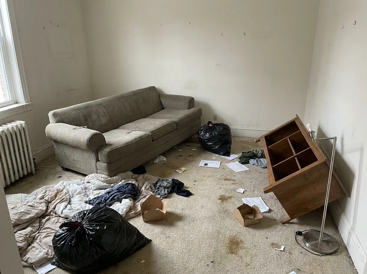 The living room of a vacated apartment left with a couch, bagged rubbish and belongings on the floor