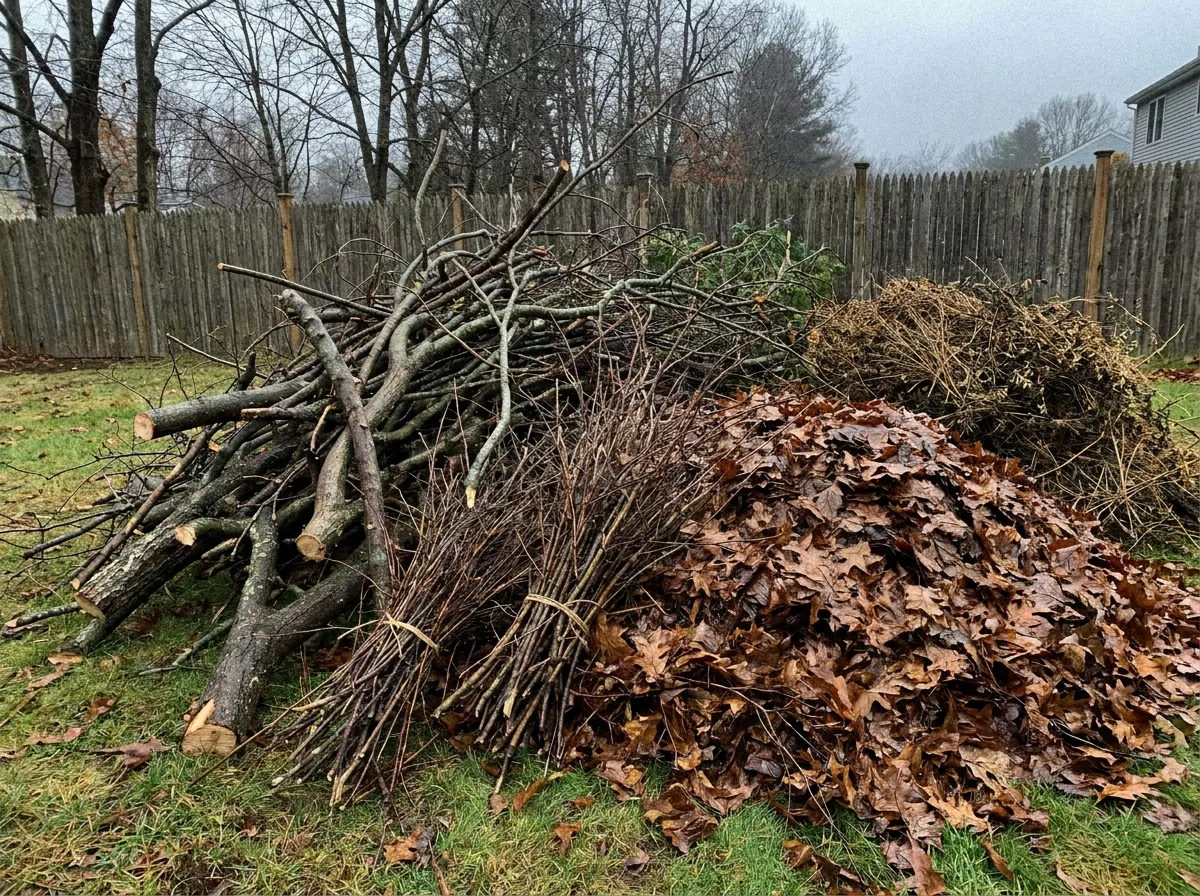 Cut branches, brush and raked leaves piled at the edge of a lawn for pickup
