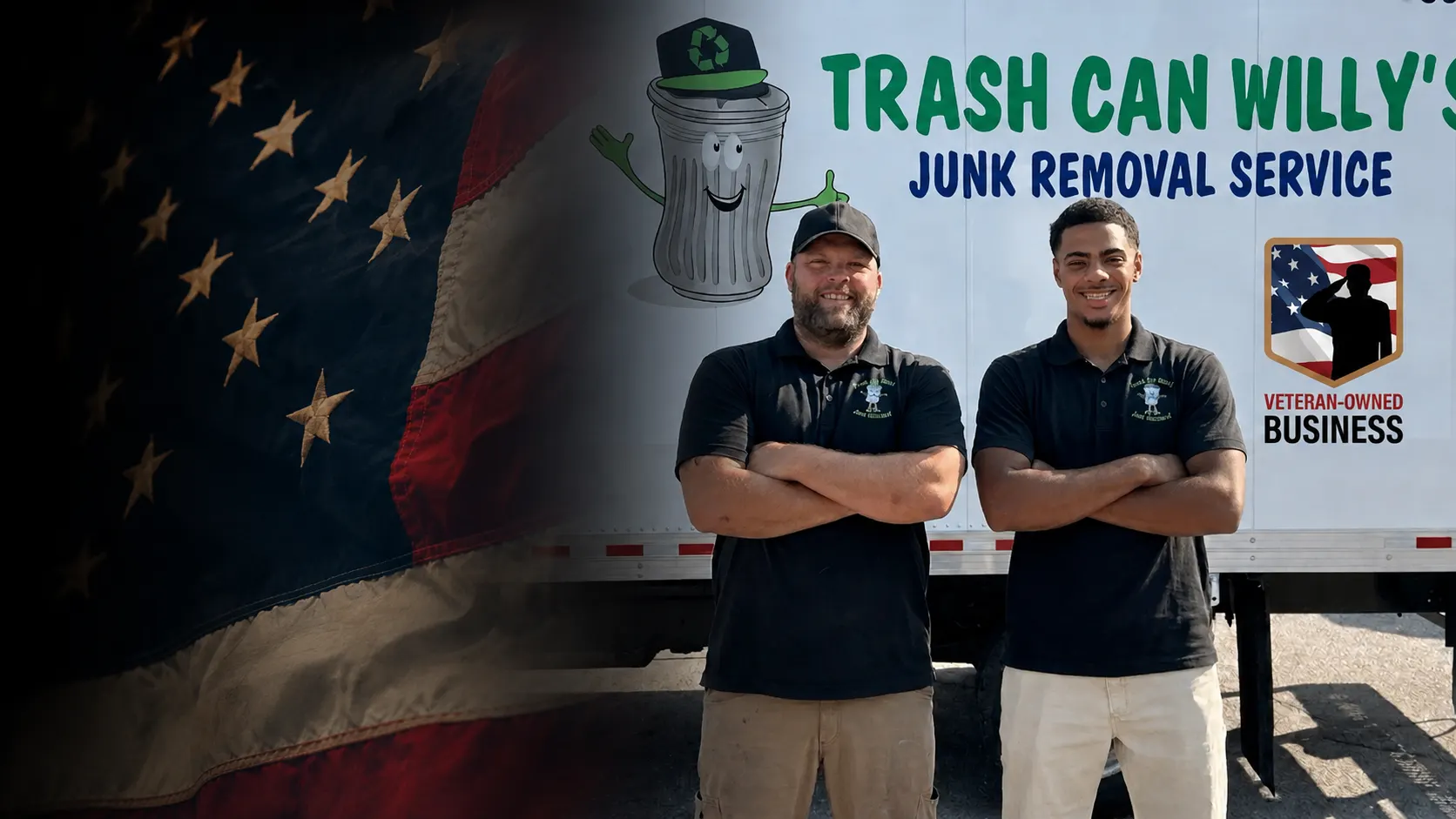 Two Trash Can Willy's crew members in front of a company box truck, with the American flag behind them