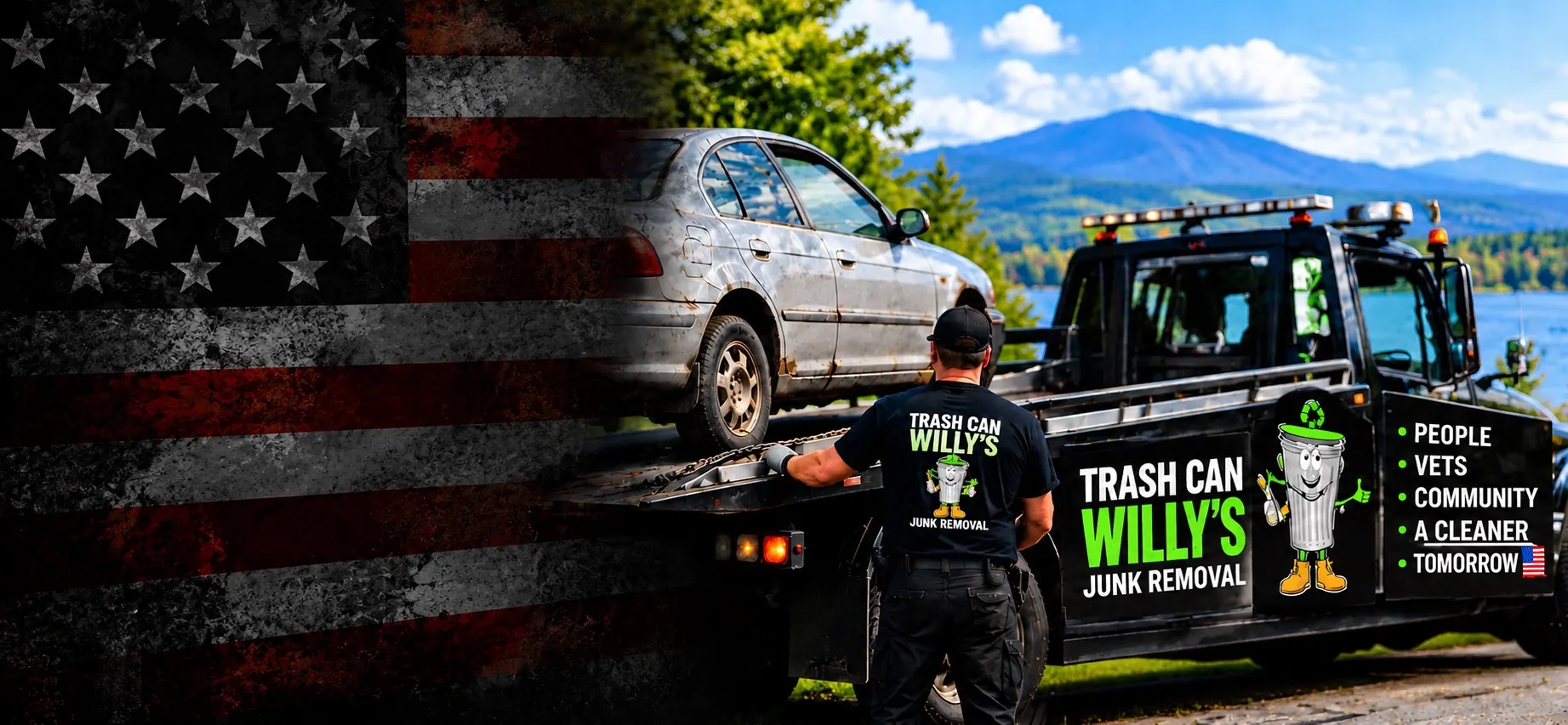 Two Trash Can Willy's crew members in front of a company box truck, with the American flag behind them