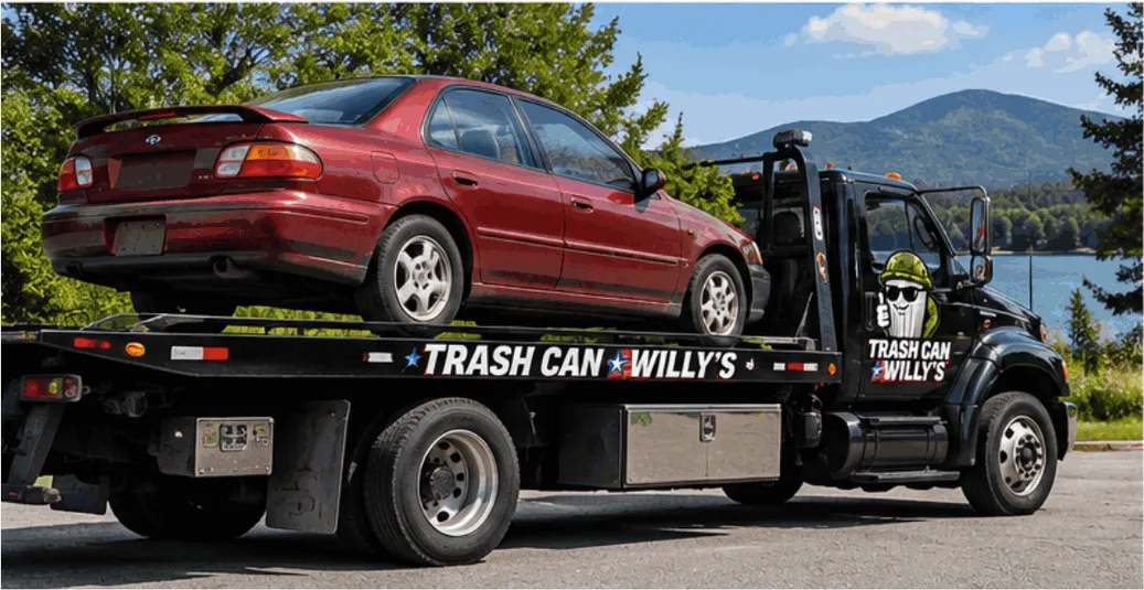 A junk sedan chained down on a Trash Can Willy's flatbed tow truck